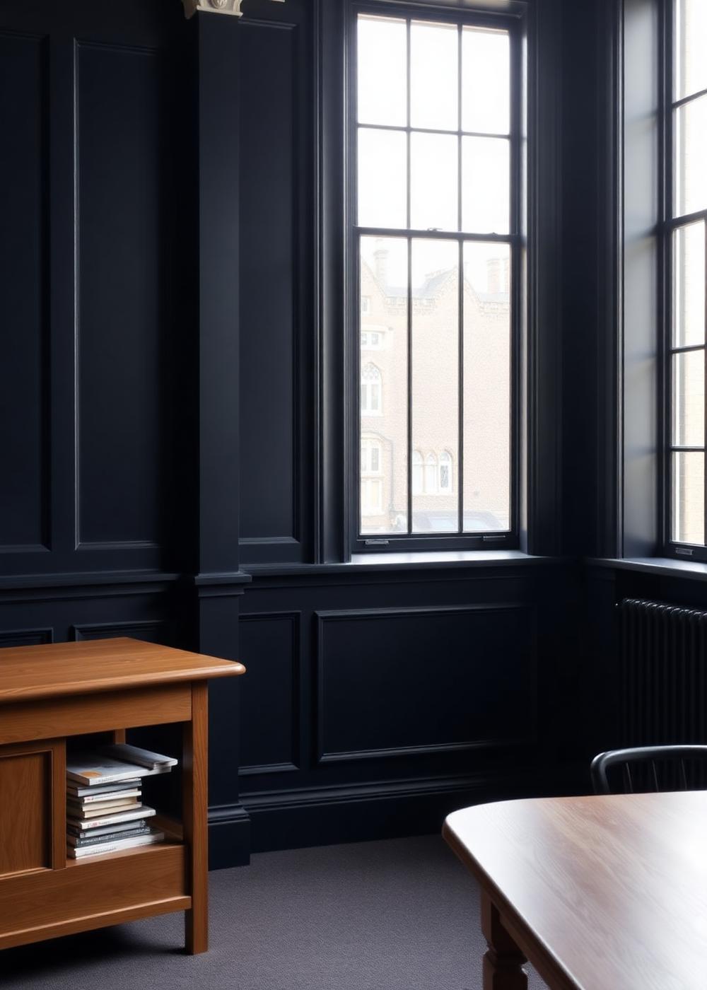 Panelled meeting room with a sash window and daylight falling across a plain oak table